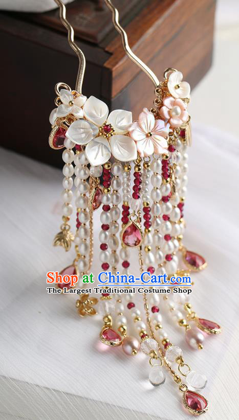 Chinese Classical Palace Pink Crystal Pearls Tassel Hair Stick Handmade Hanfu Hair Accessories Ancient Ming Dynasty Empress Hairpins