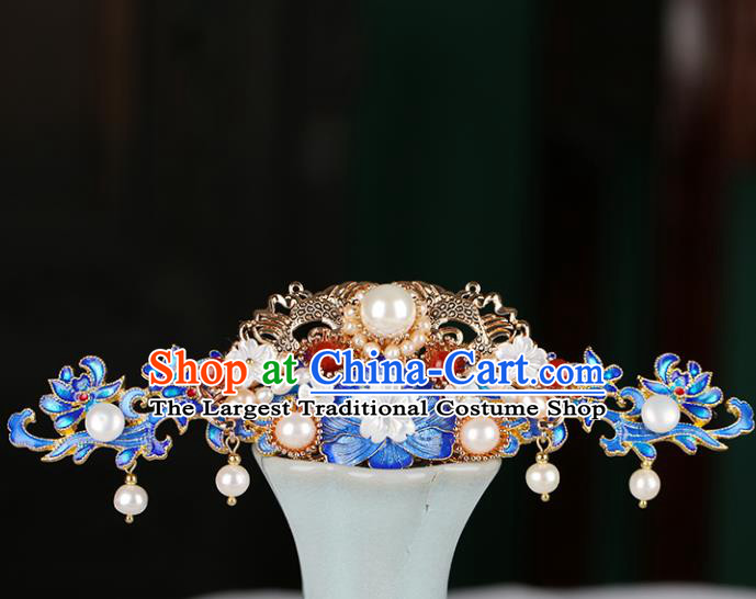 Chinese Classical Palace Blueing Peony Hair Crown Handmade Hanfu Hair Accessories Ancient Qing Dynasty Princess Agate Pearls Hairpins