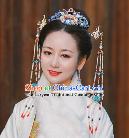 Chinese Classical Palace Blueing Phoenix Peony Hair Crown Handmade Hanfu Hair Accessories Ancient Qing Dynasty Princess Agate Pearls Hairpins