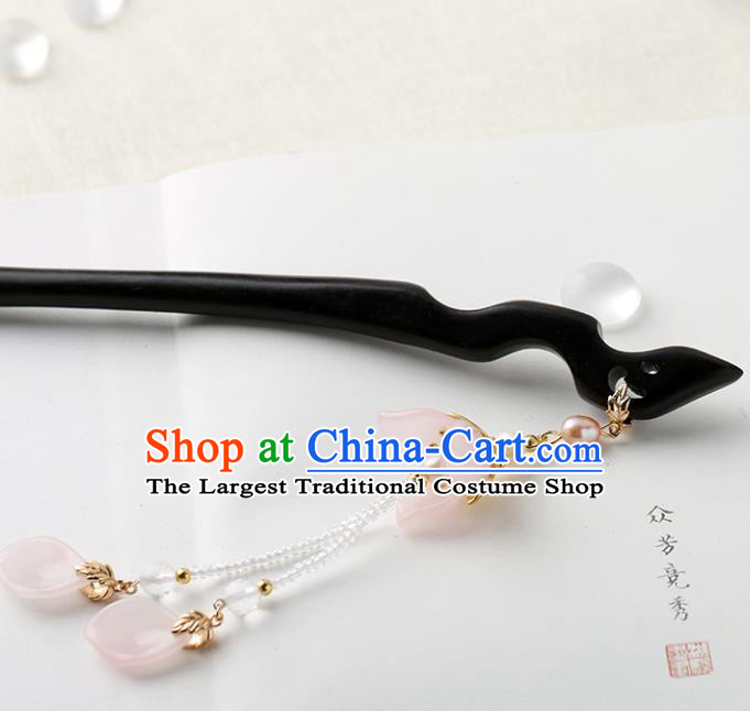 Chinese Classical Palace Pink Flower Tassel Hair Stick Handmade Hanfu Hair Accessories Ancient Ming Dynasty Empress Ebony Hairpins