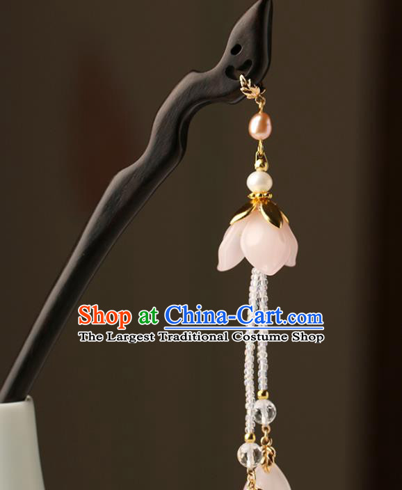 Chinese Classical Palace Pink Flower Tassel Hair Stick Handmade Hanfu Hair Accessories Ancient Ming Dynasty Empress Ebony Hairpins