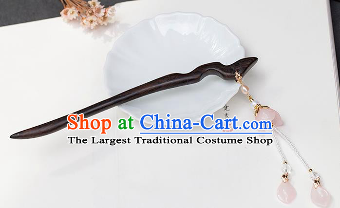 Chinese Classical Palace Pink Flower Tassel Hair Stick Handmade Hanfu Hair Accessories Ancient Ming Dynasty Empress Ebony Hairpins