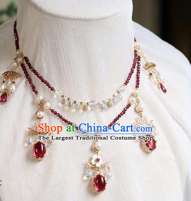 Chinese Handmade Garnet Necklet Classical Jewelry Accessories Ancient Ming Dynasty Princess Hanfu Necklace for Women