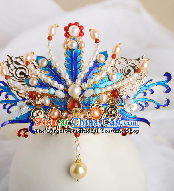 Chinese Classical Palace Blueing Phoenix Hair Crown Handmade Hanfu Hair Accessories Ancient Ming Dynasty Empress Gems Pearls Hairpins