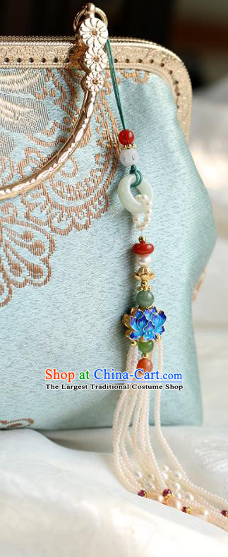 Chinese Handmade Classical Blueing Lotus Pendant Jewelry Accessories Ancient Ming Dynasty Hanfu Jade Pearls Tassel Brooch for Women