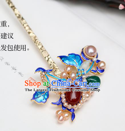 Chinese Classical Palace Jade Pearls Hair Stick Handmade Hanfu Hair Accessories Ancient Ming Dynasty Empress Gems Blueing Hairpins