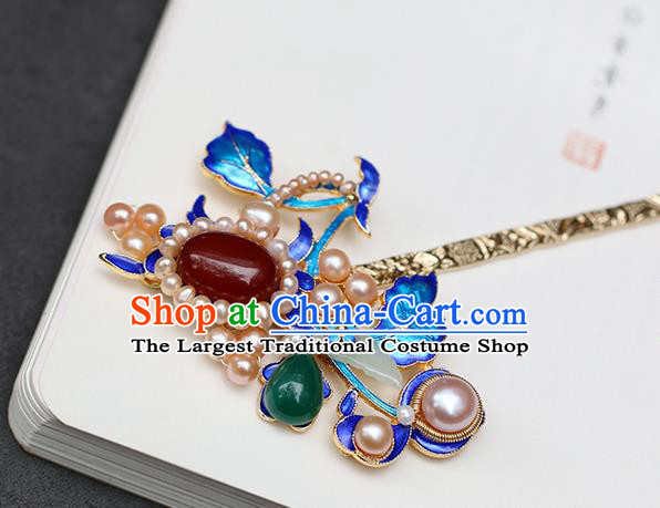 Chinese Classical Palace Jade Pearls Hair Stick Handmade Hanfu Hair Accessories Ancient Ming Dynasty Empress Gems Blueing Hairpins