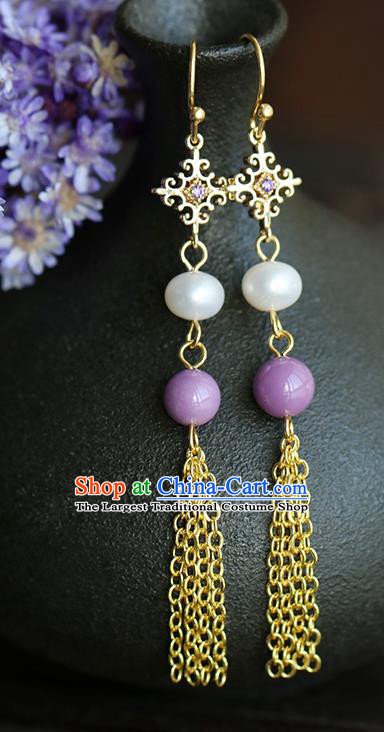 Chinese Handmade Golden Tassel Earrings Classical Ear Accessories Hanfu Qing Dynasty Princess Purple Bead Eardrop