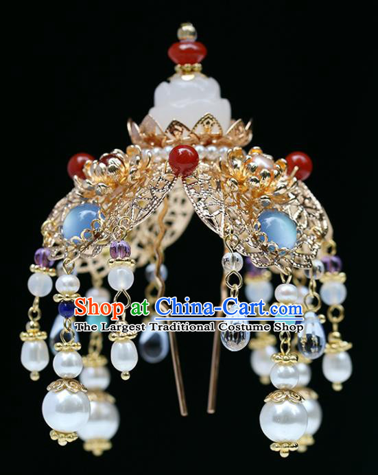 Chinese Classical Palace Jade Hair Crown Handmade Hanfu Hair Accessories Ancient Tang Dynasty Empress Gems Golden Hairpins