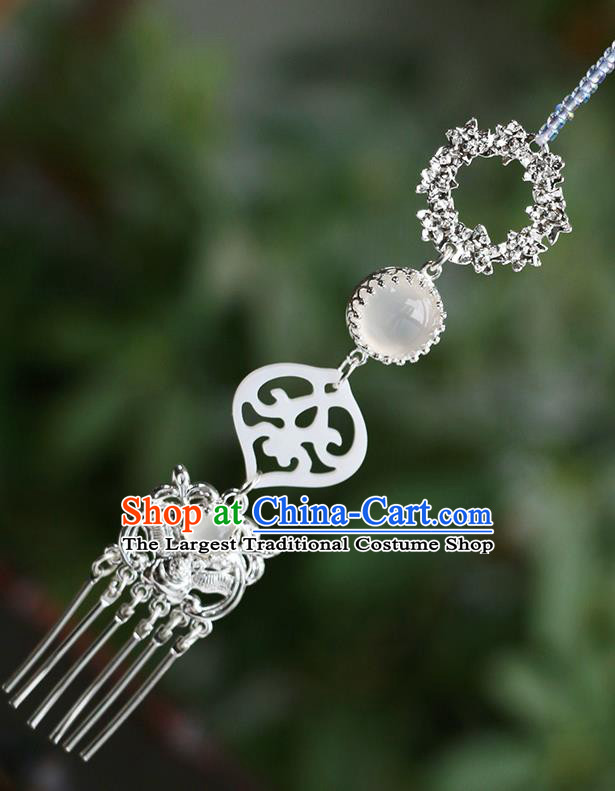 Chinese Classical Palace Argent Hair Comb Handmade Hanfu Hair Accessories Ancient Ming Dynasty Princess Chalcedony Shell Hairpins
