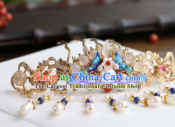 Chinese Classical Palace Gems Hair Stick Handmade Hanfu Hair Accessories Ancient Ming Dynasty Princess Chalcedony Hair Crown Hairpins