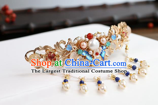Chinese Classical Palace Gems Hair Stick Handmade Hanfu Hair Accessories Ancient Ming Dynasty Princess Chalcedony Hair Crown Hairpins
