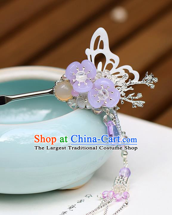 Chinese Classical Palace Purple Plum Hair Stick Handmade Hanfu Hair Accessories Ancient Ming Dynasty Princess Argent Tassel Hairpins