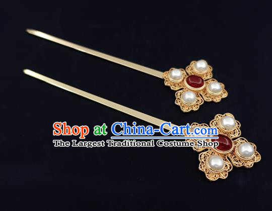 Chinese Classical Palace Gems Hair Stick Handmade Hanfu Hair Accessories Ancient Ming Dynasty Empress Golden Hairpins