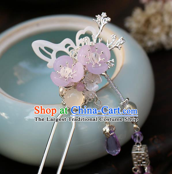 Chinese Classical Palace Purple Plum Hair Stick Handmade Hanfu Hair Accessories Ancient Ming Dynasty Princess Argent Tassel Hairpins