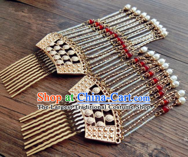Chinese Classical Palace Pearls Tassel Hair Sticks Handmade Hanfu Hair Accessories Ancient Tang Dynasty Empress Golden Hairpins