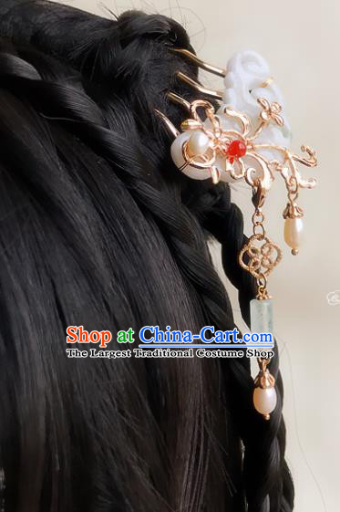 Chinese Classical Palace Pearls Jade Hair Comb Handmade Hanfu Hair Accessories Ancient Song Dynasty Empress Tassel Hairpins