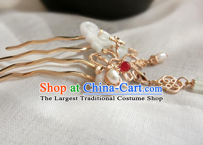 Chinese Classical Palace Pearls Jade Hair Comb Handmade Hanfu Hair Accessories Ancient Song Dynasty Empress Tassel Hairpins
