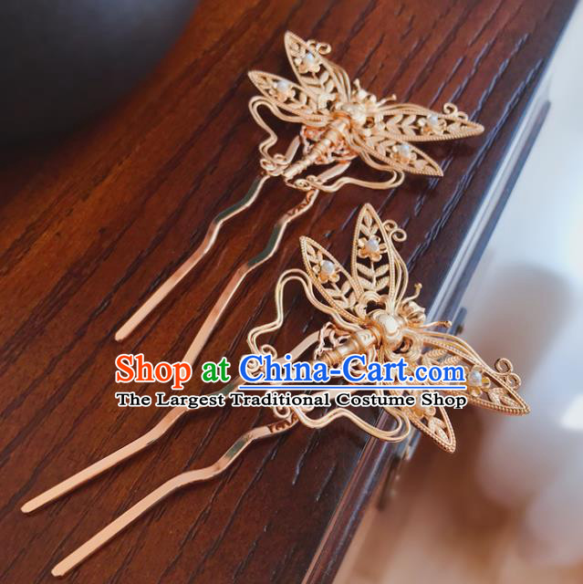 Chinese Classical Palace Golden Butterfly Hair Sticks Handmade Hanfu Hair Accessories Ancient Tang Dynasty Empress Dragonfly Hairpins