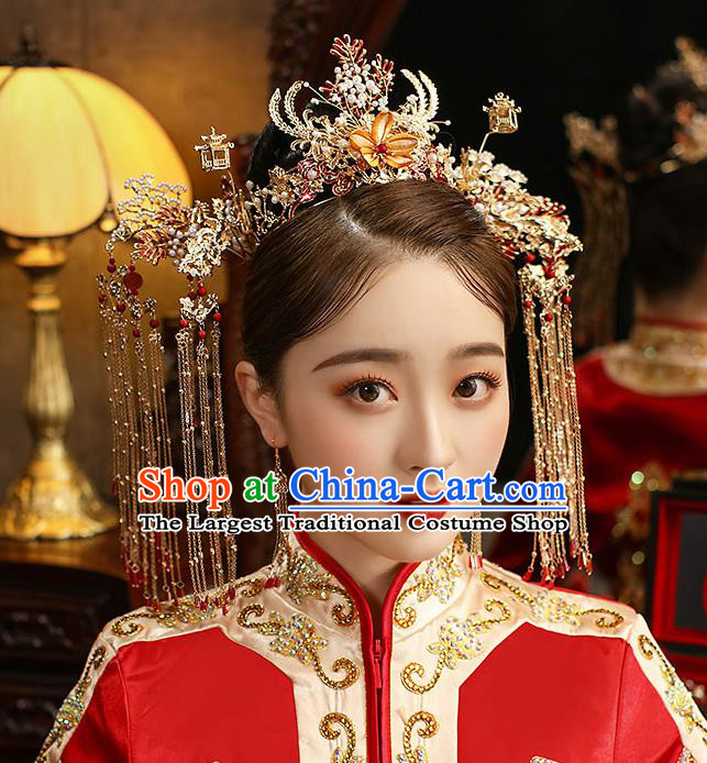 Chinese Classical Wedding Silk Flower Phoenix Coronet Handmade Hair Accessories Ancient Bride Hairpins Tassel Hair Crown Complete Set