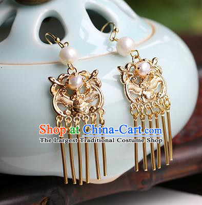 Chinese Handmade Golden Bat Earrings Classical Ear Accessories Hanfu Ming Dynasty Princess Tassel Eardrop