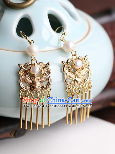 Chinese Handmade Golden Bat Earrings Classical Ear Accessories Hanfu Ming Dynasty Princess Tassel Eardrop