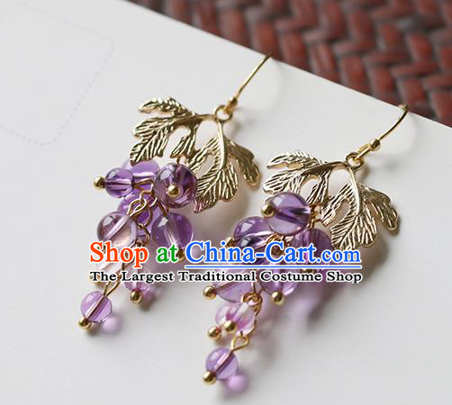 Chinese Handmade Grape Earrings Classical Ear Accessories Hanfu Ming Dynasty Princess Amethyst Beads Eardrop