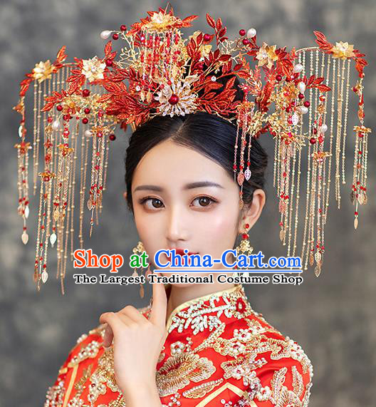 Chinese Classical Wedding Red Phoenix Coronet Handmade Hair Accessories Ancient Bride Hairpins Tassel Hair Crown Complete Set