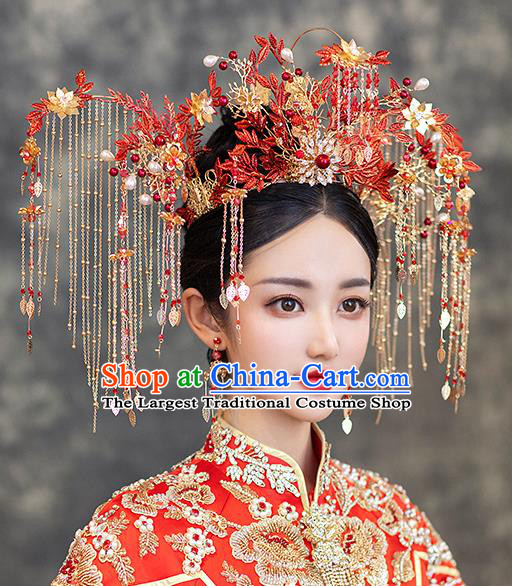 Chinese Classical Wedding Red Phoenix Coronet Handmade Hair Accessories Ancient Bride Hairpins Tassel Hair Crown Complete Set
