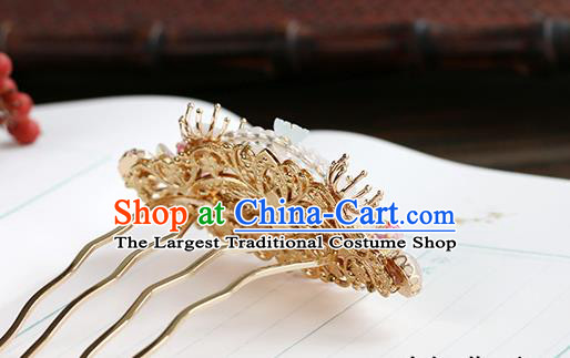 Chinese Classical Palace Jade Hair Comb Handmade Hanfu Hair Accessories Ancient Tang Dynasty Princess Hairpins Golden Hair Crown