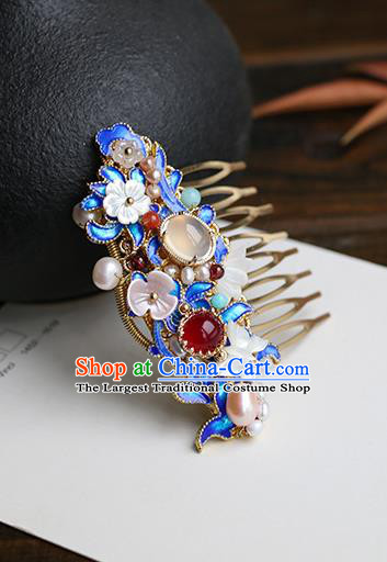 Chinese Classical Palace Blueing Hair Comb Handmade Hanfu Hair Accessories Ancient Qing Dynasty Princess Hairpins Pearls Gems Hair Crown