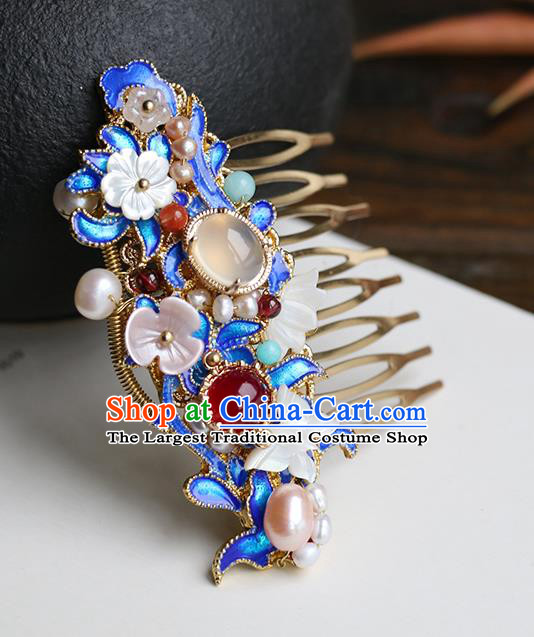 Chinese Classical Palace Blueing Hair Comb Handmade Hanfu Hair Accessories Ancient Qing Dynasty Princess Hairpins Pearls Gems Hair Crown