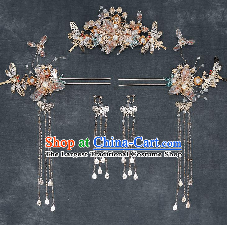 Chinese Classical Wedding Golden Dragonfly Hair Crown Handmade Hair Accessories Ancient Bride Tassel Hairpins Complete Set