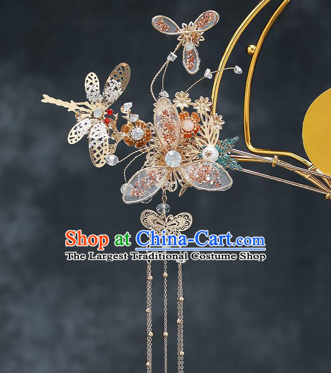 Chinese Classical Wedding Golden Dragonfly Hair Crown Handmade Hair Accessories Ancient Bride Tassel Hairpins Complete Set