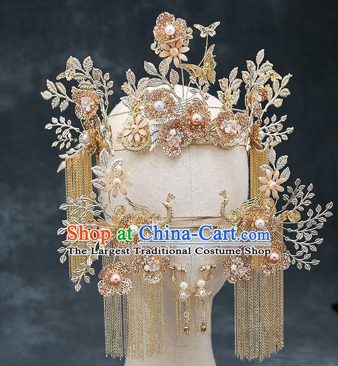 Chinese Classical Wedding Golden Butterfly Plum Hair Crown Handmade Hair Accessories Ancient Bride Tassel Hairpins Complete Set