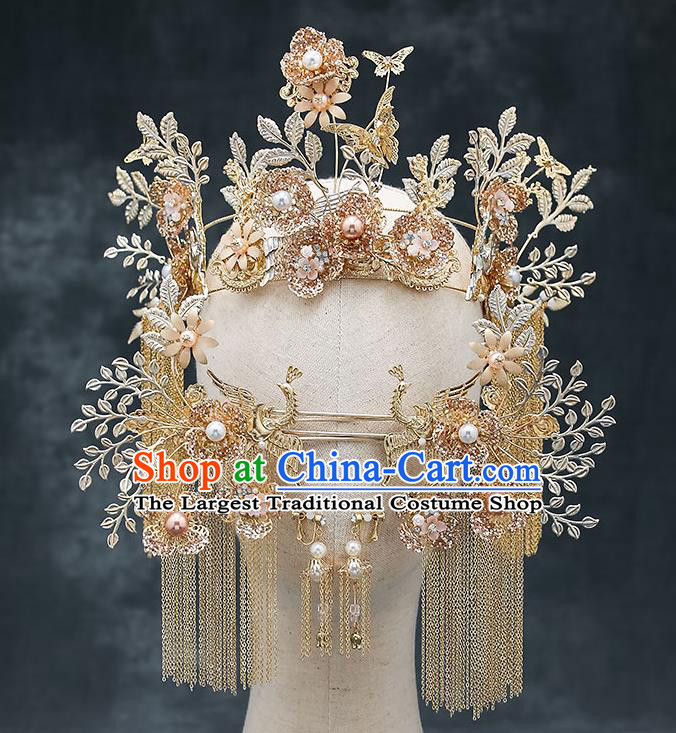 Chinese Classical Wedding Golden Butterfly Plum Hair Crown Handmade Hair Accessories Ancient Bride Tassel Hairpins Complete Set