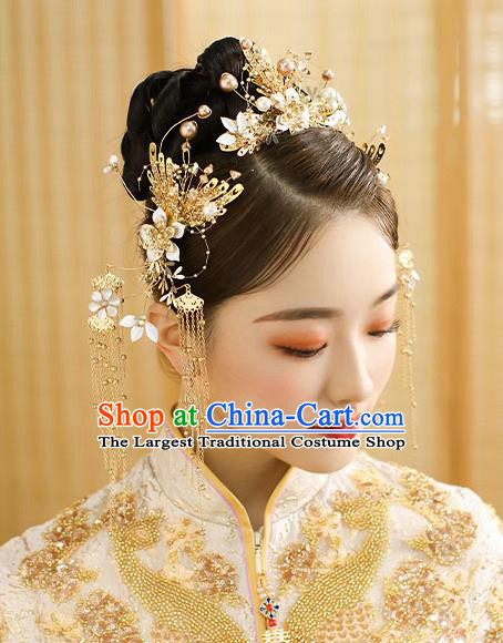 Chinese Classical Wedding Pearls Hair Crown Handmade Hair Accessories Ancient Bride Golden Tassel Hairpins Complete Set