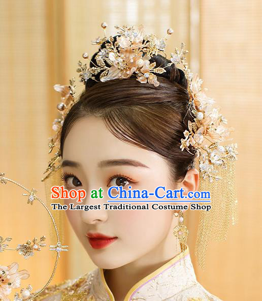 Chinese Classical Wedding Flowers Hair Crown Handmade Hair Accessories Ancient Bride Golden Tassel Hairpins Complete Set