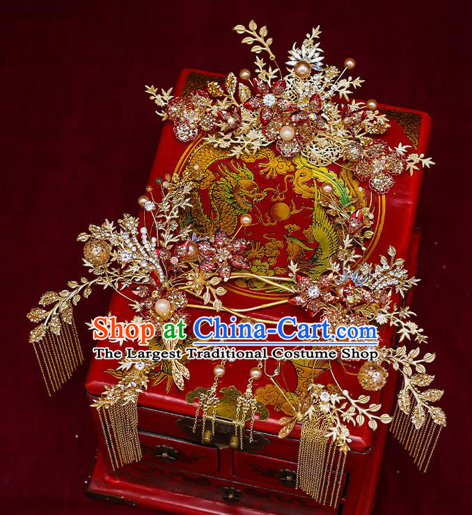 Chinese Classical Wedding Hair Crown Handmade Hair Accessories Ancient Bride Golden Hairpins Tassel Step Shake Complete Set