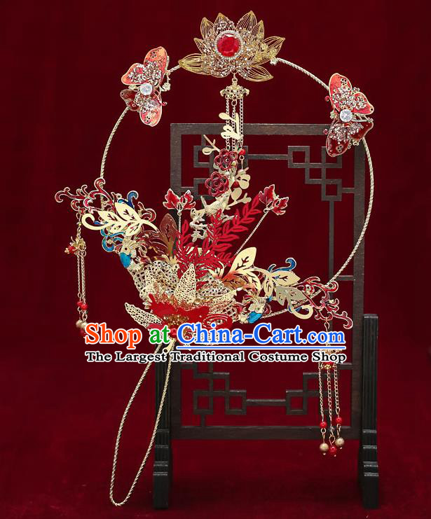 Chinese Handmade Wedding Golden Lotus Palace Fans Classical Fans Ancient Bride Red Butterfly Round Fans