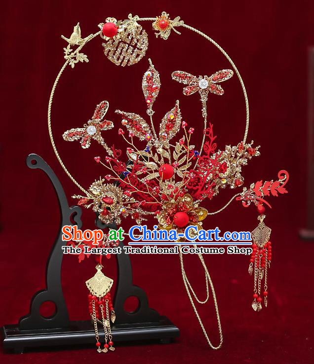 Chinese Handmade Wedding Red Dragonfly Palace Fans Classical Fans Ancient Bride Crystal Round Fans