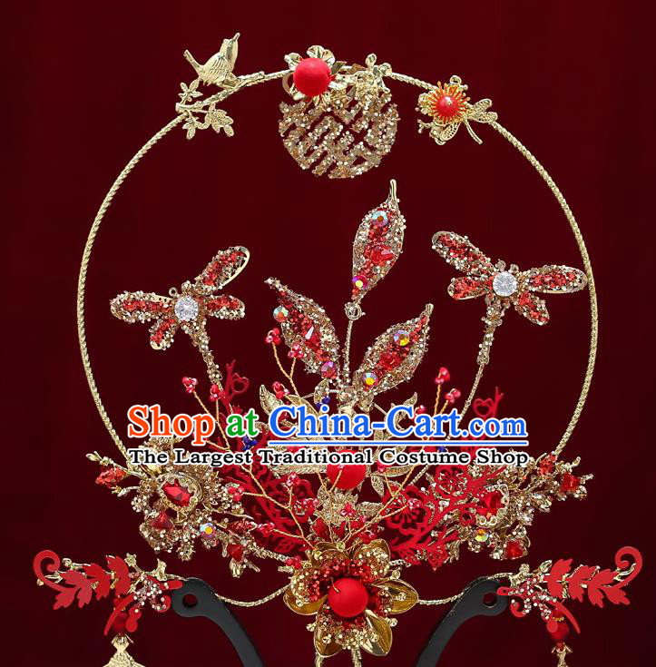 Chinese Handmade Wedding Red Dragonfly Palace Fans Classical Fans Ancient Bride Crystal Round Fans