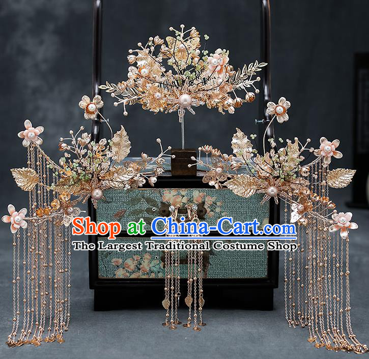 Chinese Classical Wedding Hair Crown Handmade Hair Accessories Ancient Bride Tassel Hairpins Golden Phoenix Coronet Complete Set