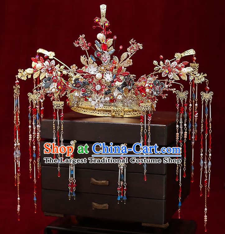 Chinese Classical Wedding Hair Crown Handmade Hair Accessories Ancient Bride Hairpins Red Beads Tassel Phoenix Coronet Complete Set