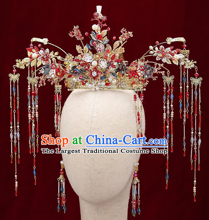 Chinese Classical Wedding Hair Crown Handmade Hair Accessories Ancient Bride Hairpins Red Beads Tassel Phoenix Coronet Complete Set