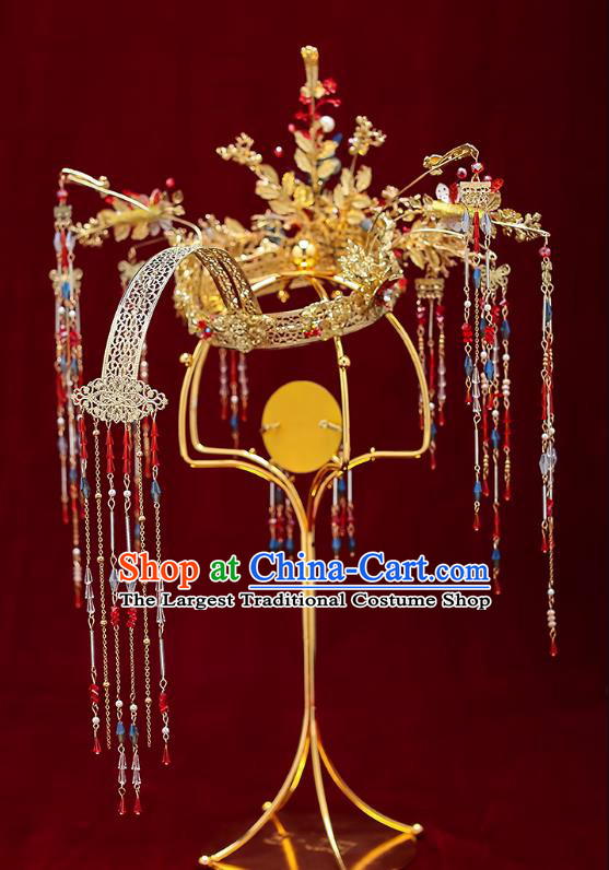 Chinese Classical Wedding Hair Crown Handmade Hair Accessories Ancient Bride Hairpins Red Beads Tassel Phoenix Coronet Complete Set