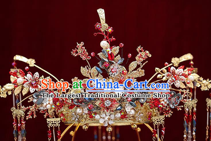 Chinese Classical Wedding Hair Crown Handmade Hair Accessories Ancient Bride Hairpins Red Beads Tassel Phoenix Coronet Complete Set