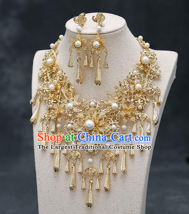 Chinese Handmade Hanfu Golden Peony Necklet and Earrings Classical Jewelry Accessories Ancient Wedding Necklace for Women