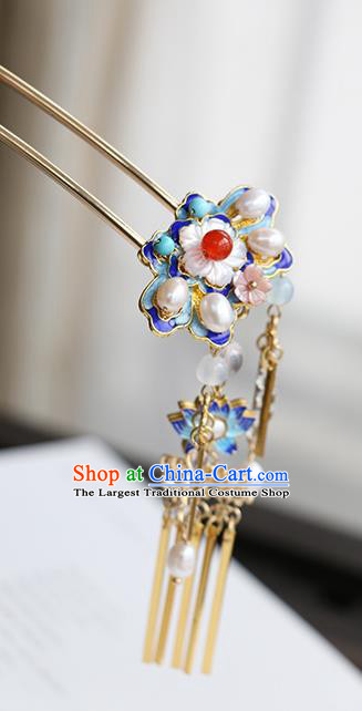 Chinese Classical Palace Pearls Golen Tassel Hair Stick Handmade Hanfu Hair Accessories Ancient Qing Dynasty Princess Blueing Lotus Hairpins