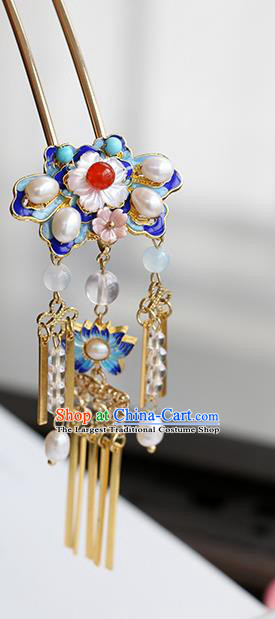 Chinese Classical Palace Pearls Golen Tassel Hair Stick Handmade Hanfu Hair Accessories Ancient Qing Dynasty Princess Blueing Lotus Hairpins
